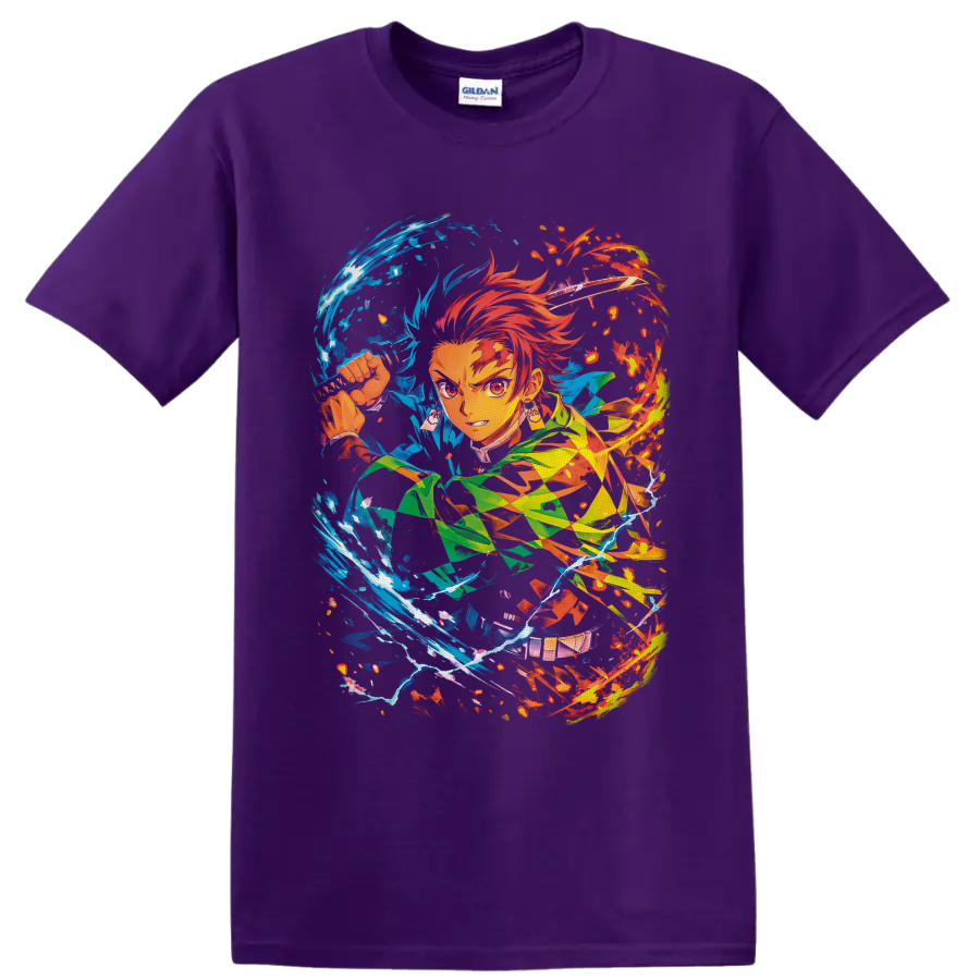 Tanjiro Kamado anime sword art with swirling blue water and red fire effects on a Purple T Shirt