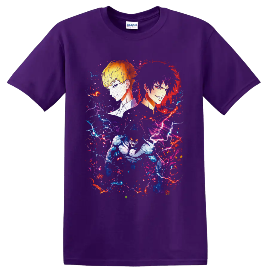 Ryo Asuka, Akira Fudo, and Devilman in neon lightning anime art on a Purple T Shirt