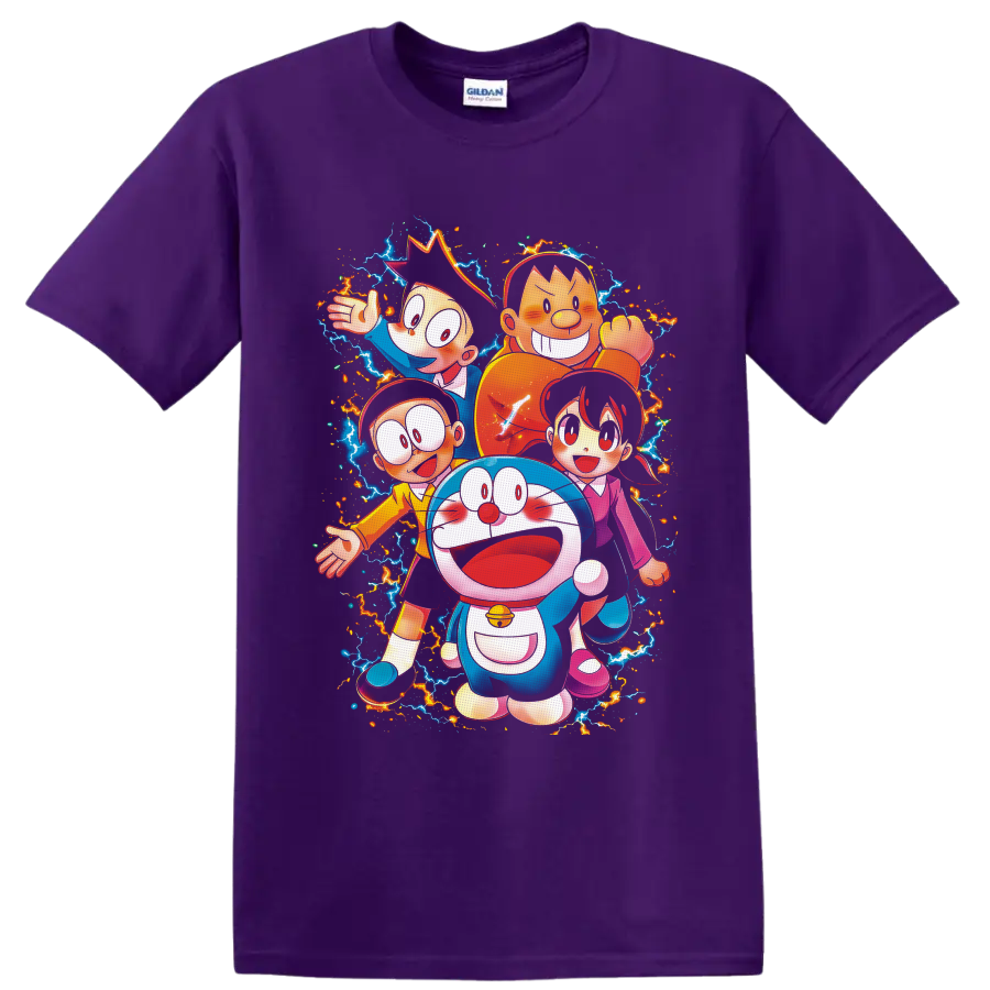 Doraemon and friends in vivid anime art with electric lightning and fiery sparks on a Purple T Shirt