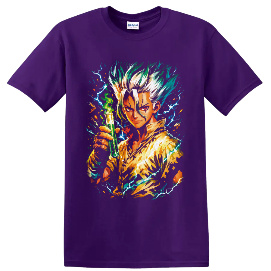 Senku Ishigami anime art holding a green test tube amid blue lightning on a Purple T Shirt