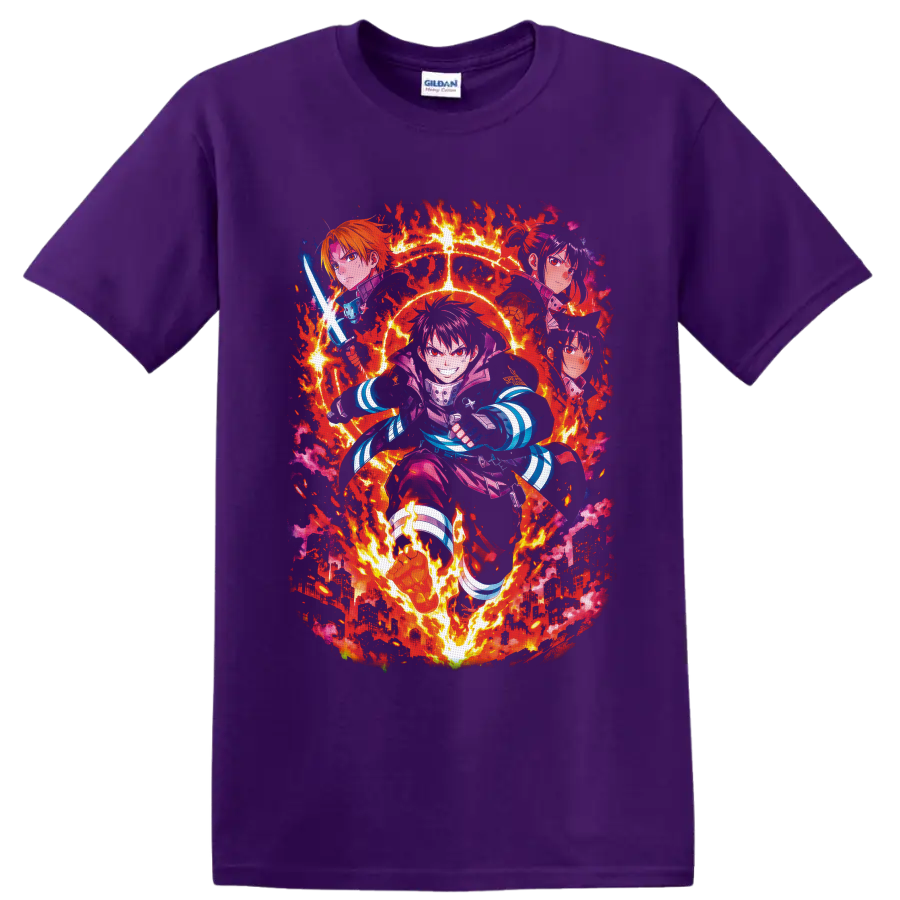 Shinra Kusakabe Fire Force anime action graphic with flames and burning city on a Purple T Shirt