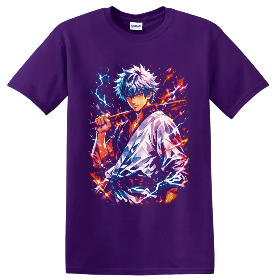 Gintoki Sakata anime portrait with wooden sword, lightning, flames, and cosmic splatter on a Purple T Shirt