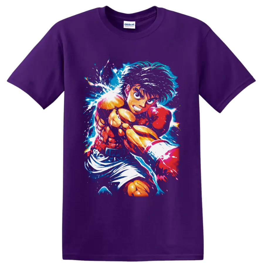 Ippo Makunouchi boxing punch in electric blue and fiery anime action art on a Purple T Shirt