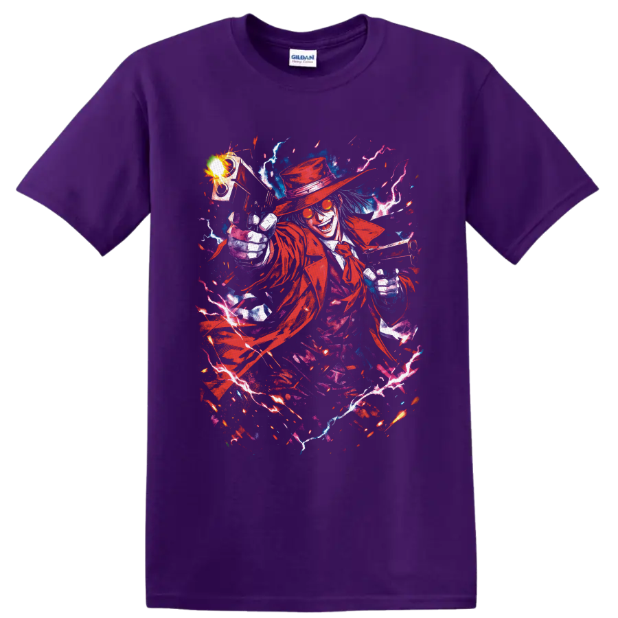 Alucard Hellsing gothic anime art with dual pistols, red coat, and lightning on a Purple T Shirt