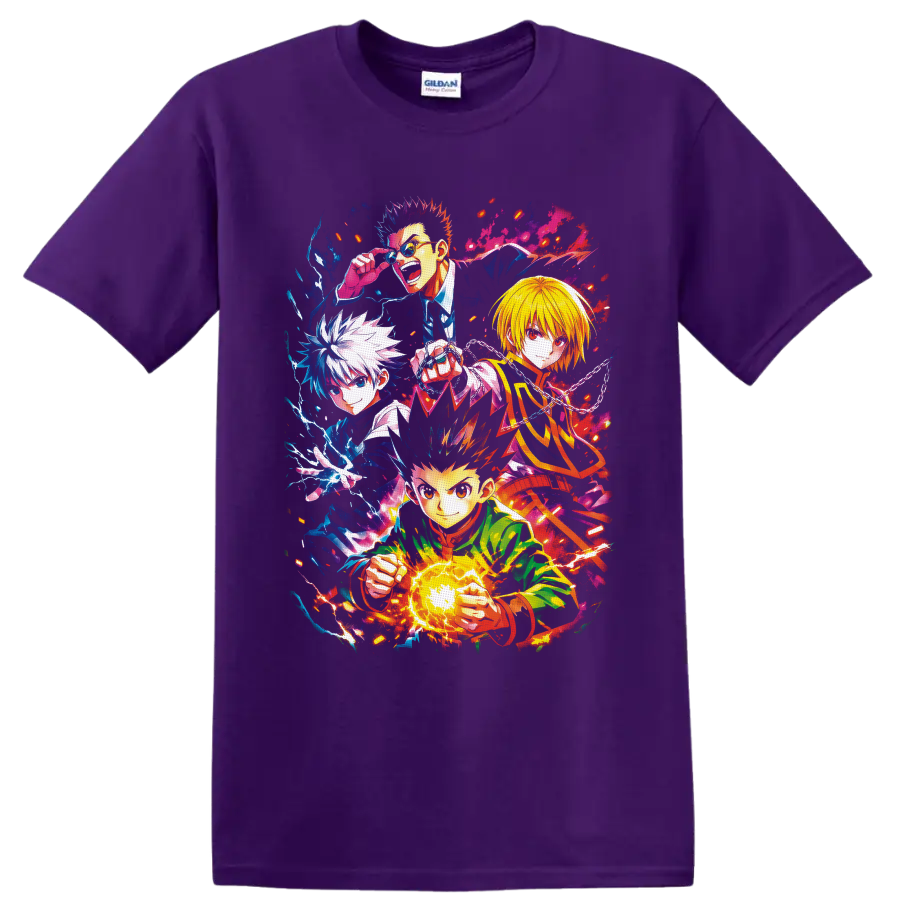 Hunter x Hunter Gon, Killua, Kurapika, and Leorio in vibrant splash-art action on a Purple T Shirt