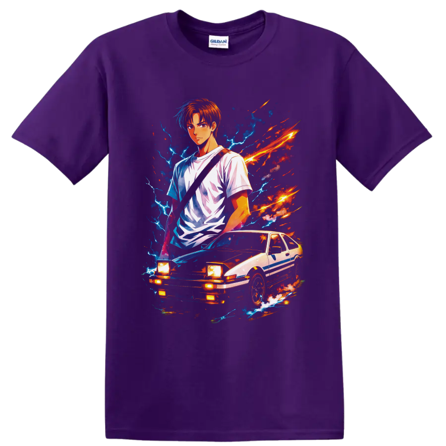 Takumi Fujiwara with Toyota Sprinter Trueno AE86 in neon anime lightning art on a Purple T Shirt