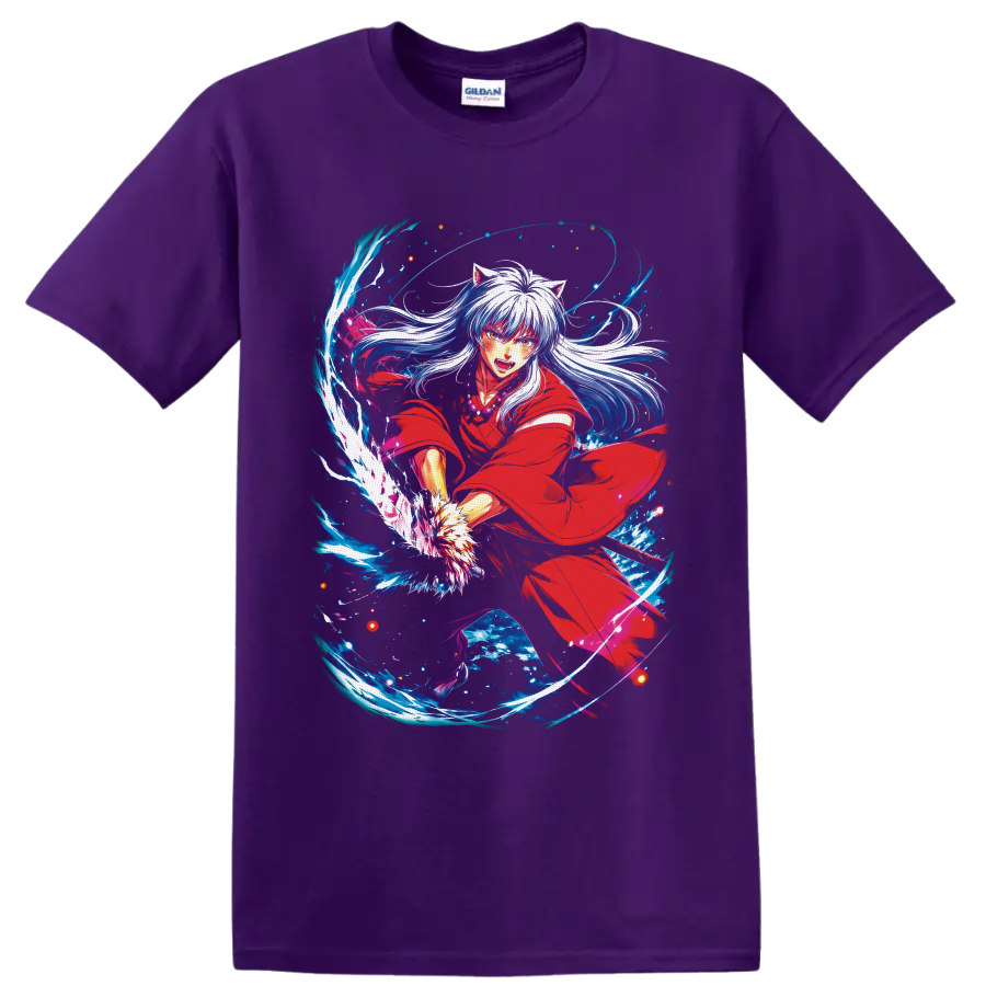 Inuyasha in red robe with silver hair and swirling blue fantasy energy on a Purple T Shirt