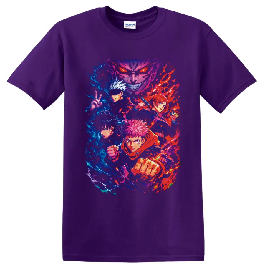 Yuji Itadori and Jujutsu Kaisen characters in vivid blue and red battle art on a Purple T Shirt