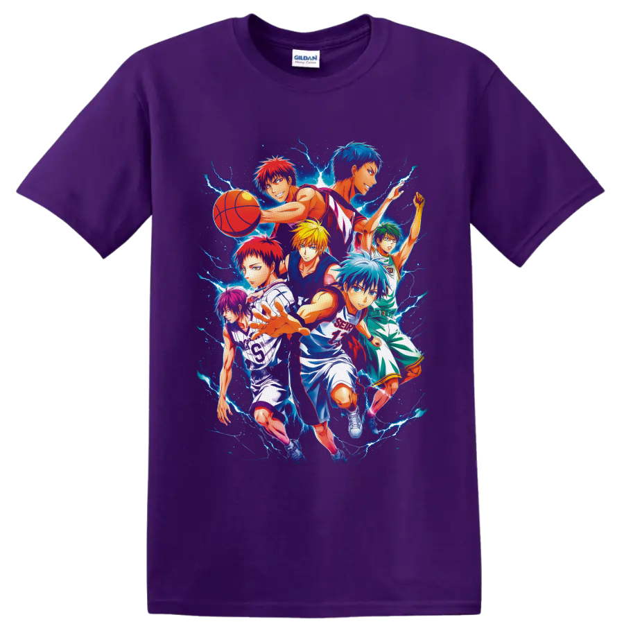Kuroko's Basketball players in a dynamic anime collage with electric blue lightning on a Purple T Shirt