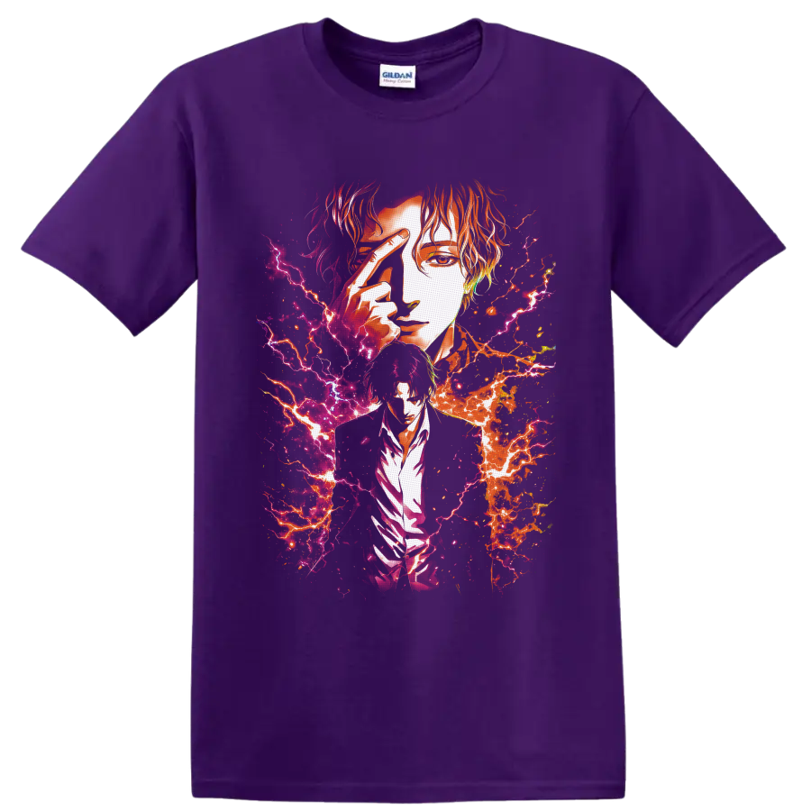 Baku Madarame anime portrait with neon pink and orange lightning splatter art on a Purple T Shirt