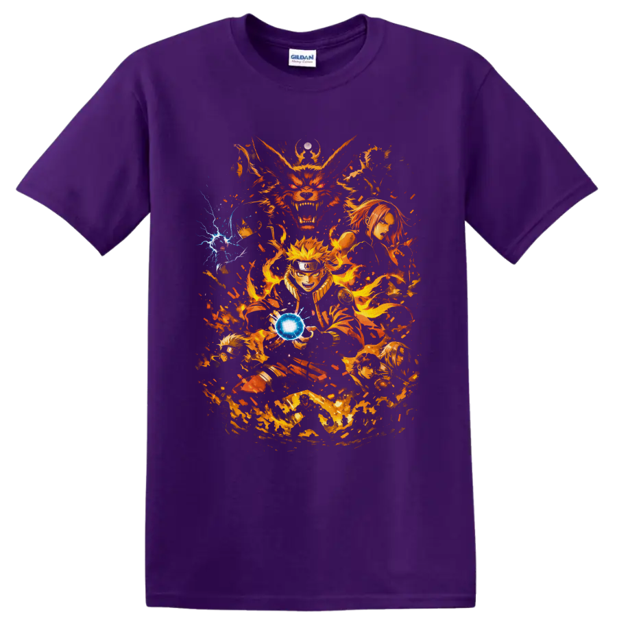 Naruto Uzumaki and Kurama anime battle art with fiery chakra and blue energy sphere on a Purple T Shirt