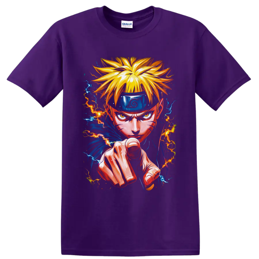 Naruto Uzumaki lightning ninja portrait with forward punch and blue orange energy on a Purple T Shirt