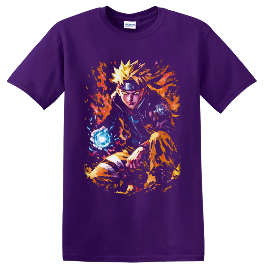 Naruto Uzumaki anime art with glowing Rasengan, fiery chakra, and colorful paint splashes on a Purple T Shirt