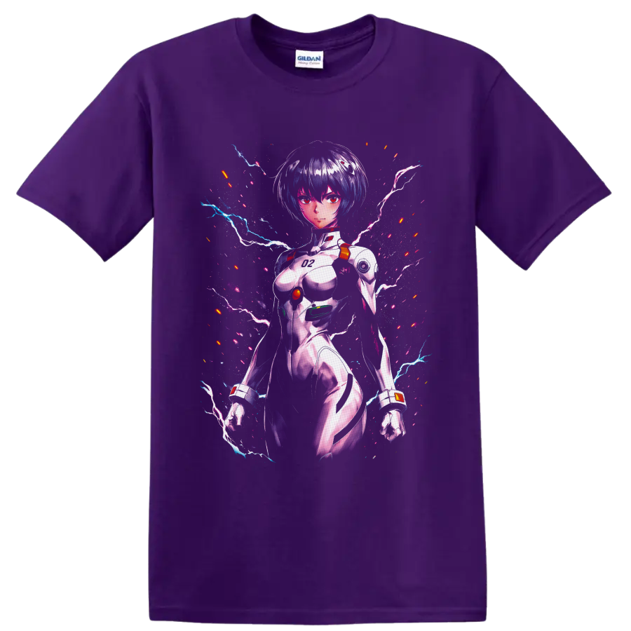 Rei Ayanami in a neon cyberpunk plugsuit portrait with lightning and glitch effects on a Purple T Shirt