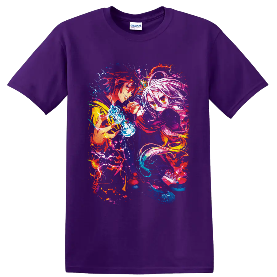 Sora and Shiro with a glowing chess piece in neon fantasy anime art on a Purple T Shirt