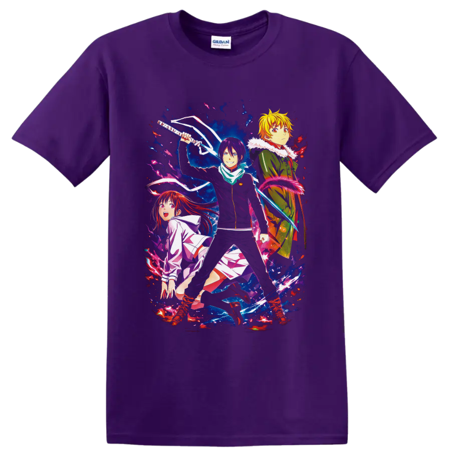 Yato, Hiyori Iki and Yukine in vivid Noragami cosmic action artwork on a Purple T Shirt