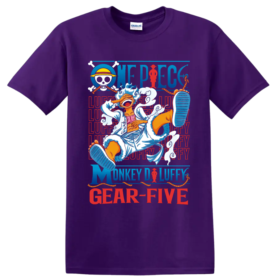 Monkey D. Luffy Gear 5 anime art with clouds, pirate emblem, ropes, and One Piece on a Purple T Shirt