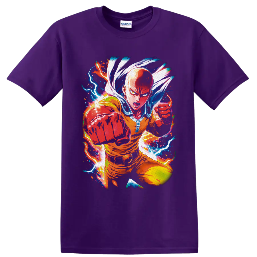 Saitama charging with a punch amid colorful lightning in manga-style action art on a Purple T Shirt