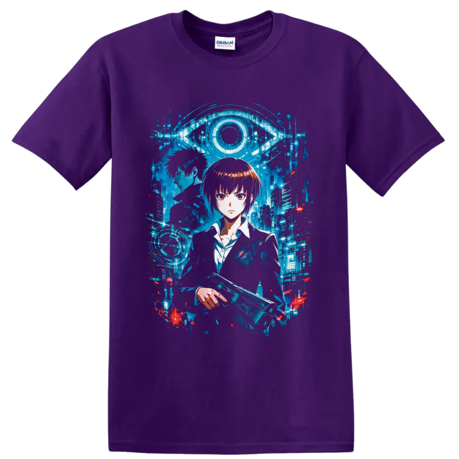 Akane Tsunemori and Shinya Kogami in a cyberpunk city beneath a digital eye on a Purple T Shirt