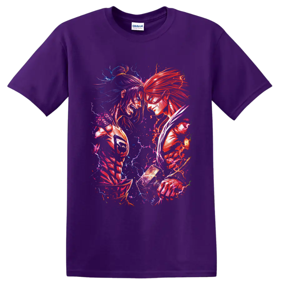 Thor vs Lu Bu anime battle art with red and blue lightning and glowing hammer on a Purple T Shirt