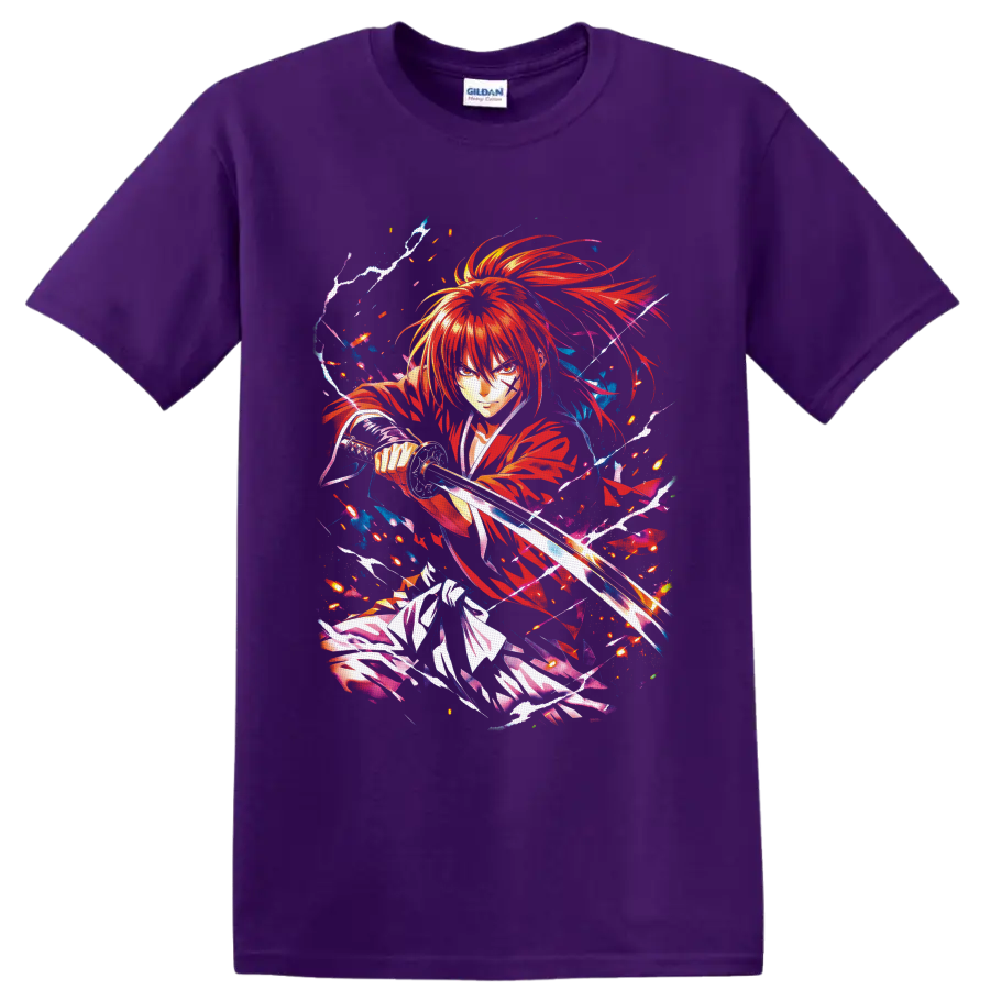 Himura Kenshin anime swordfighter graphic with red robes, sparks, and lightning on a Purple T Shirt