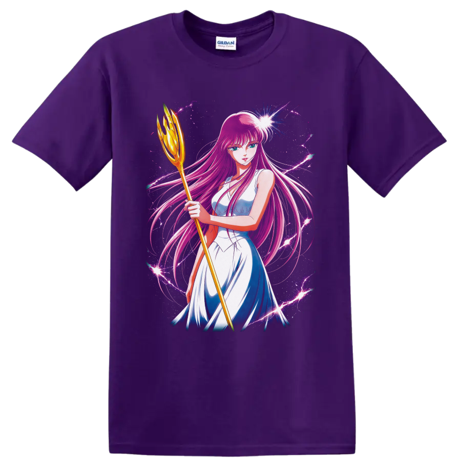Saori Kido as Athena with golden staff amid cosmic purple lightning on a Purple T Shirt