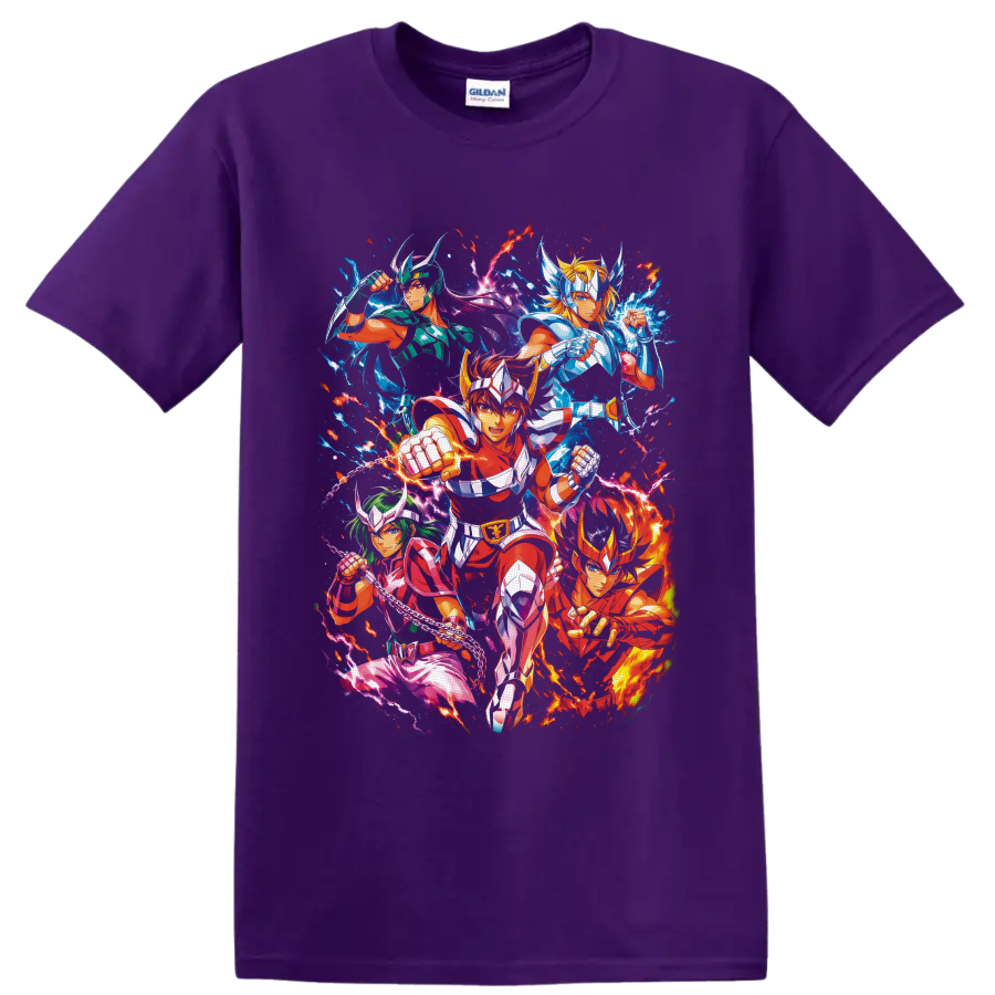 Pegasus Seiya and Bronze Saints in vibrant cosmic anime battle artwork on a Purple T Shirt