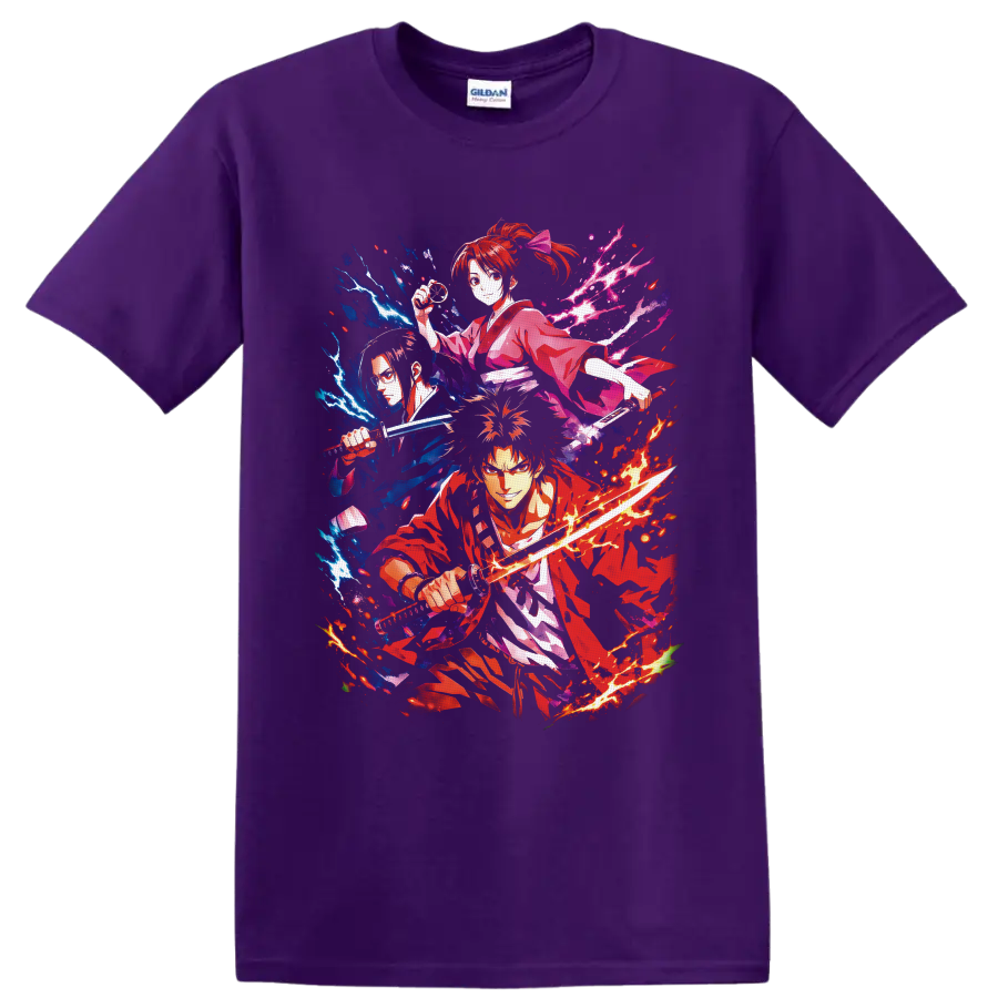 Gintoki Sakata anime sword fighter graphic with lightning, flames, and petals on a Purple T Shirt