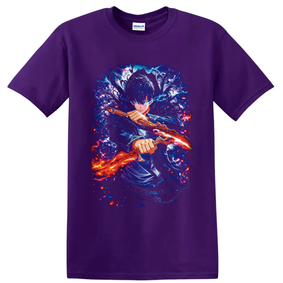 Sung Jin-Woo Solo Leveling anime warrior with glowing sword and blue lightning on a Purple T Shirt