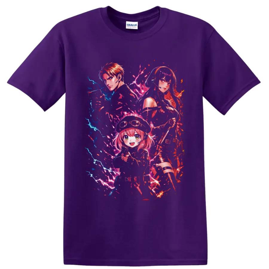 Spy x Family Loid, Yor, and Anya anime art with neon lightning and colorful splashes on a Purple T Shirt