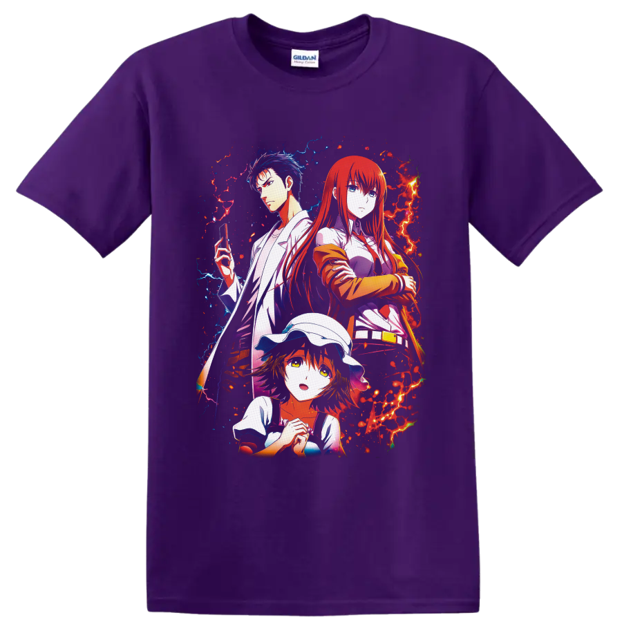 Steins;Gate Rintaro, Kurisu, and Mayuri anime art with red and blue energy on a Purple T Shirt