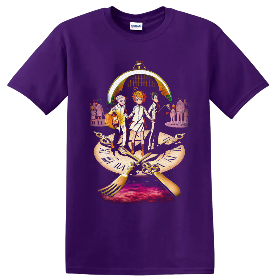 Emma, Norman and Ray beneath a golden pocket watch in dramatic anime clock art on a Purple T Shirt