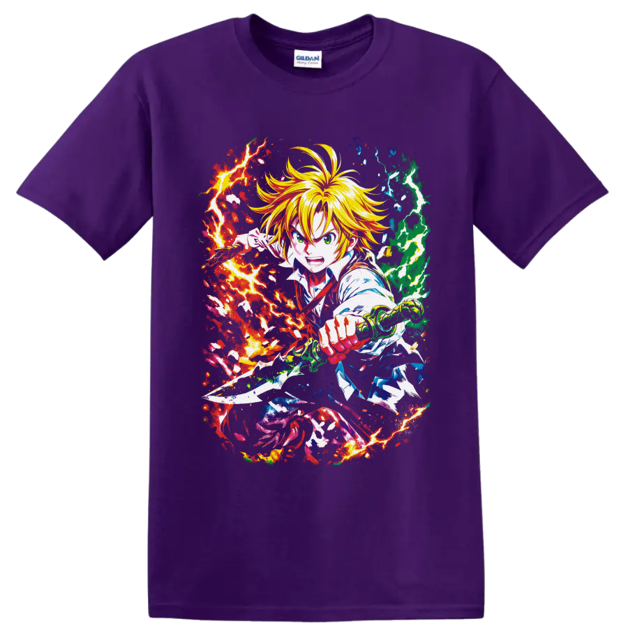 Meliodas with sword amid red, green, and blue lightning in dynamic anime battle art on a Purple T Shirt