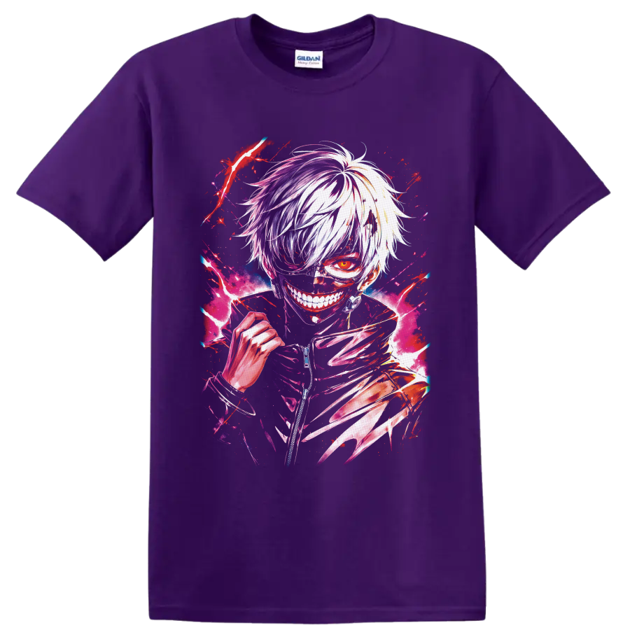 Ken Kaneki Tokyo Ghoul anime portrait with red eye, masked grin, and kagune claws on a Purple T Shirt