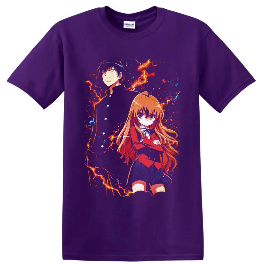 Taiga Aisaka and Ryuji Takasu anime art with red and blue lightning on a Purple T Shirt