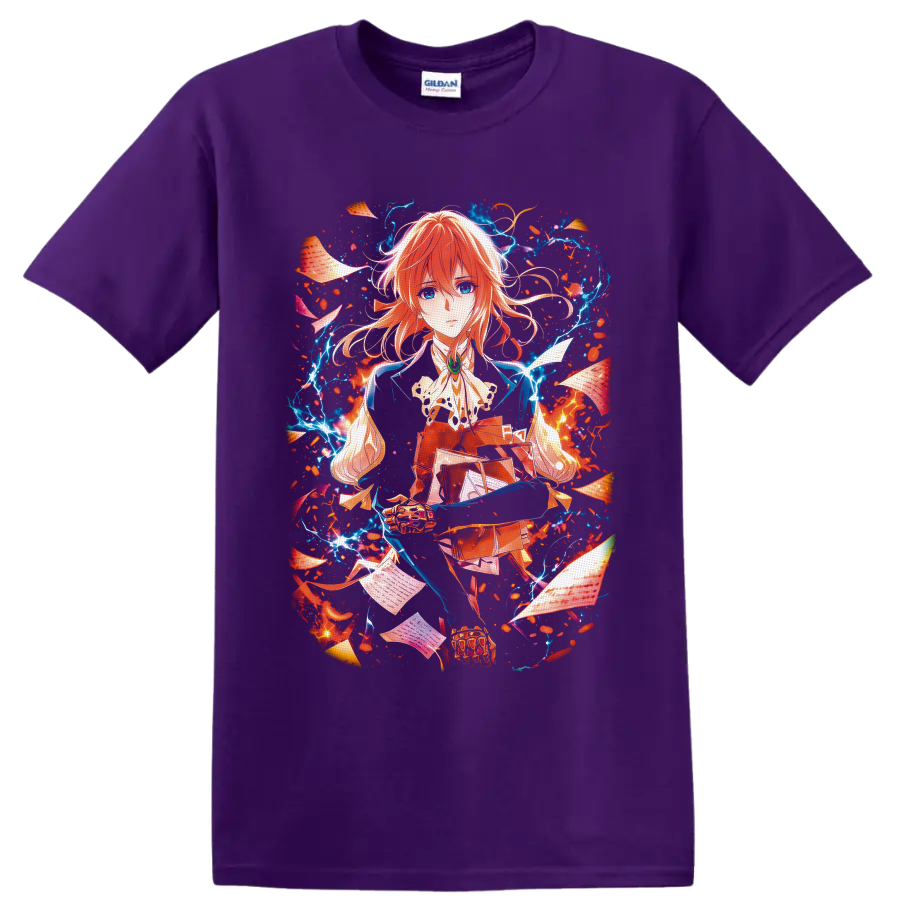 Violet Evergarden anime portrait with floating letters, petals, and glowing blue energy on a Purple T Shirt