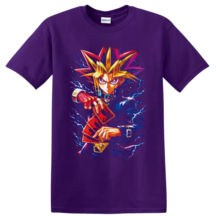 Yami Yugi with red duel cards, golden pendant, and electric lightning anime art on a Purple T Shirt