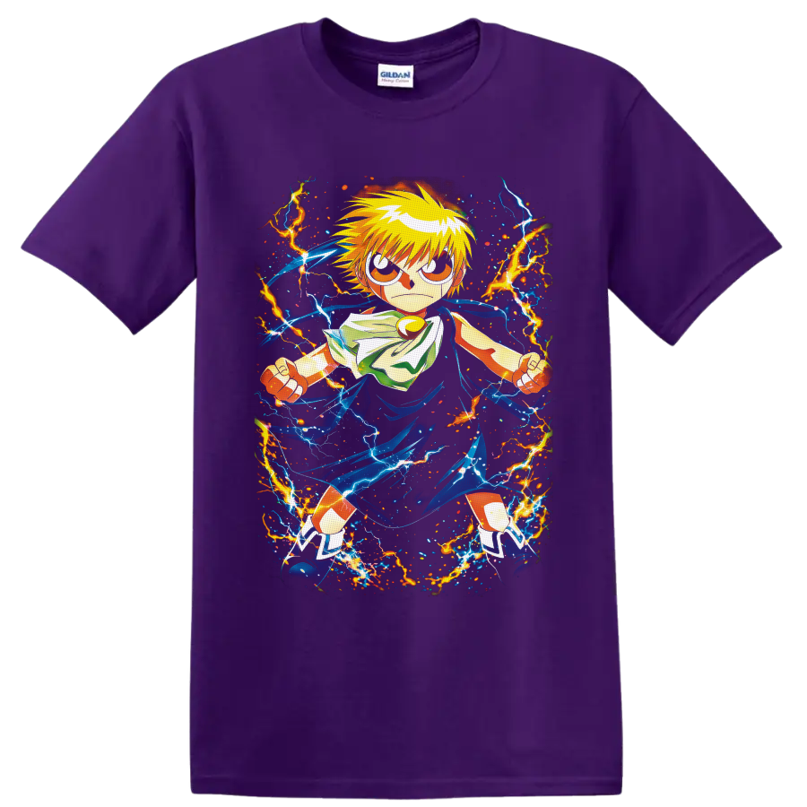Zatch Bell anime hero surrounded by blue energy ribbons and orange lightning on a Purple T Shirt