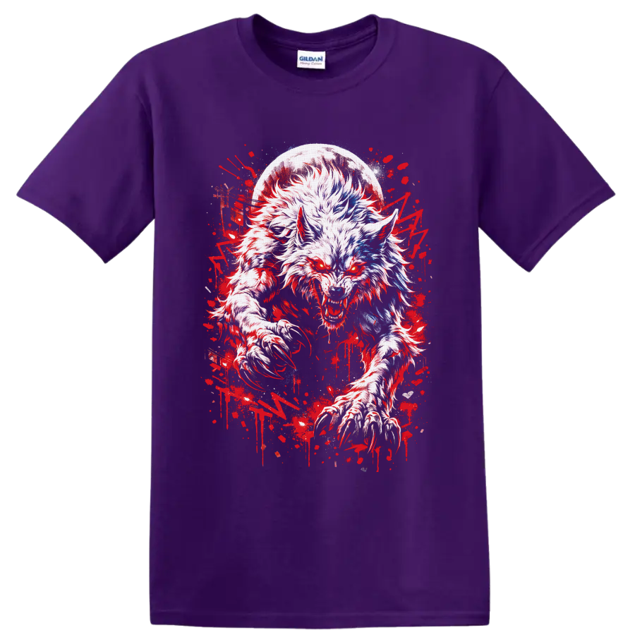 Snarling werewolf beneath a full moon in red splatter gothic horror art on a Purple T Shirt