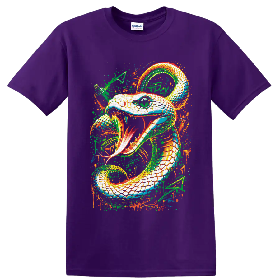 Neon graffiti-style coiled cobra with fangs, green eye, and paint splatters on a Purple T Shirt