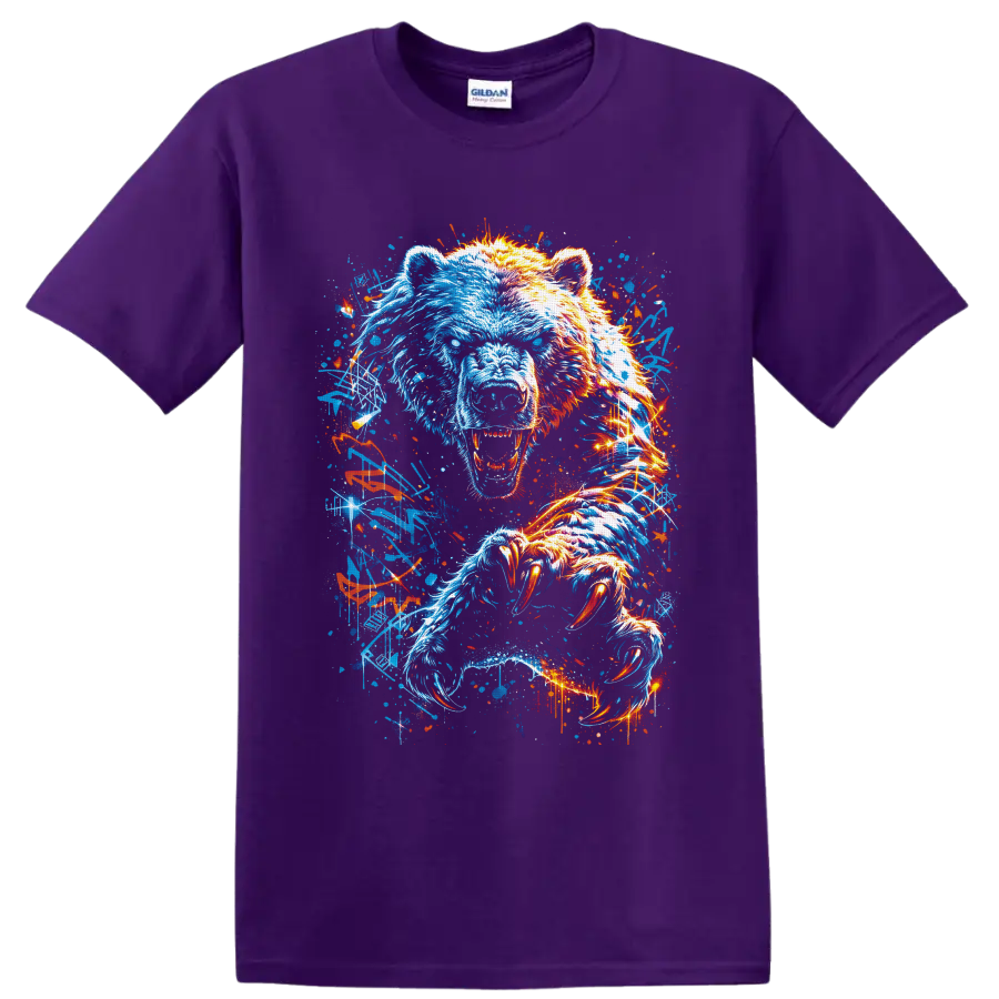 Roaring polar bear with neon blue and orange graffiti-style claws on a Purple T Shirt