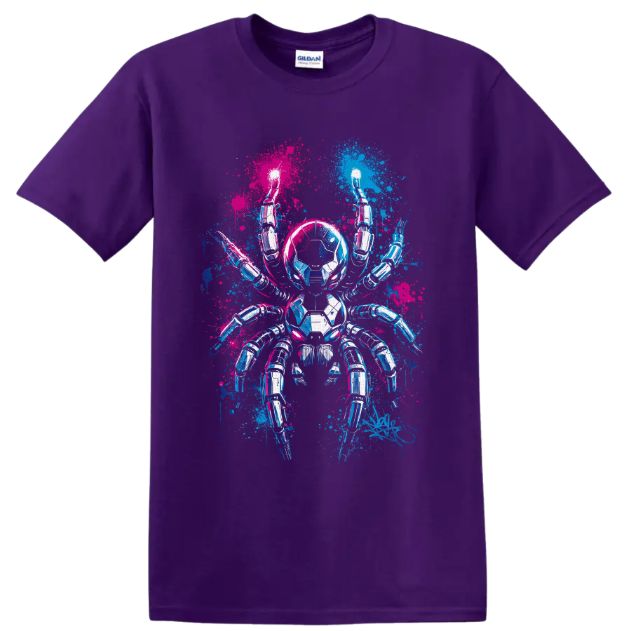 Chrome cyberpunk robotic spider with electric blue and hot pink paint splashes on a Purple T Shirt
