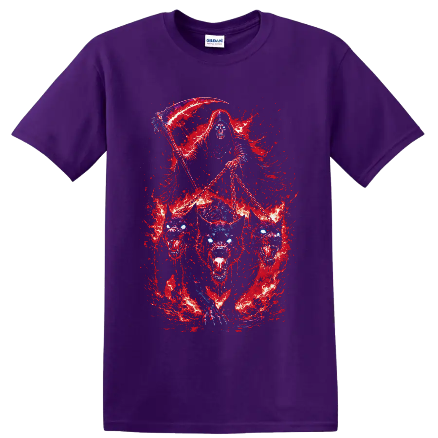 Grim reaper with scythe and chains above a fiery three-headed hellhound on a Purple T Shirt