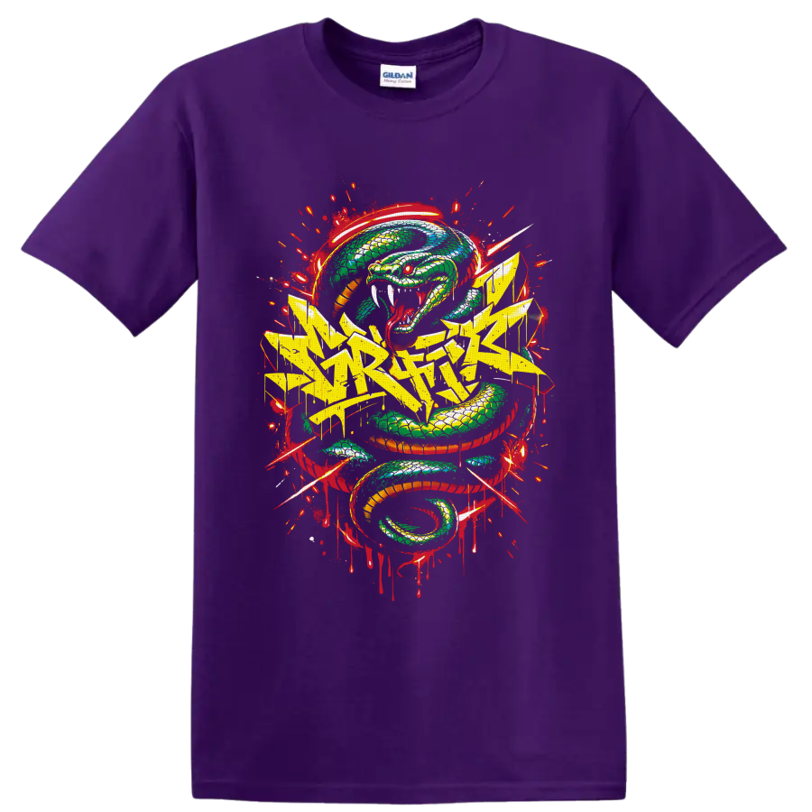 Fierce coiled green serpent with yellow graffiti lettering and red splatter street art on a Purple T Shirt