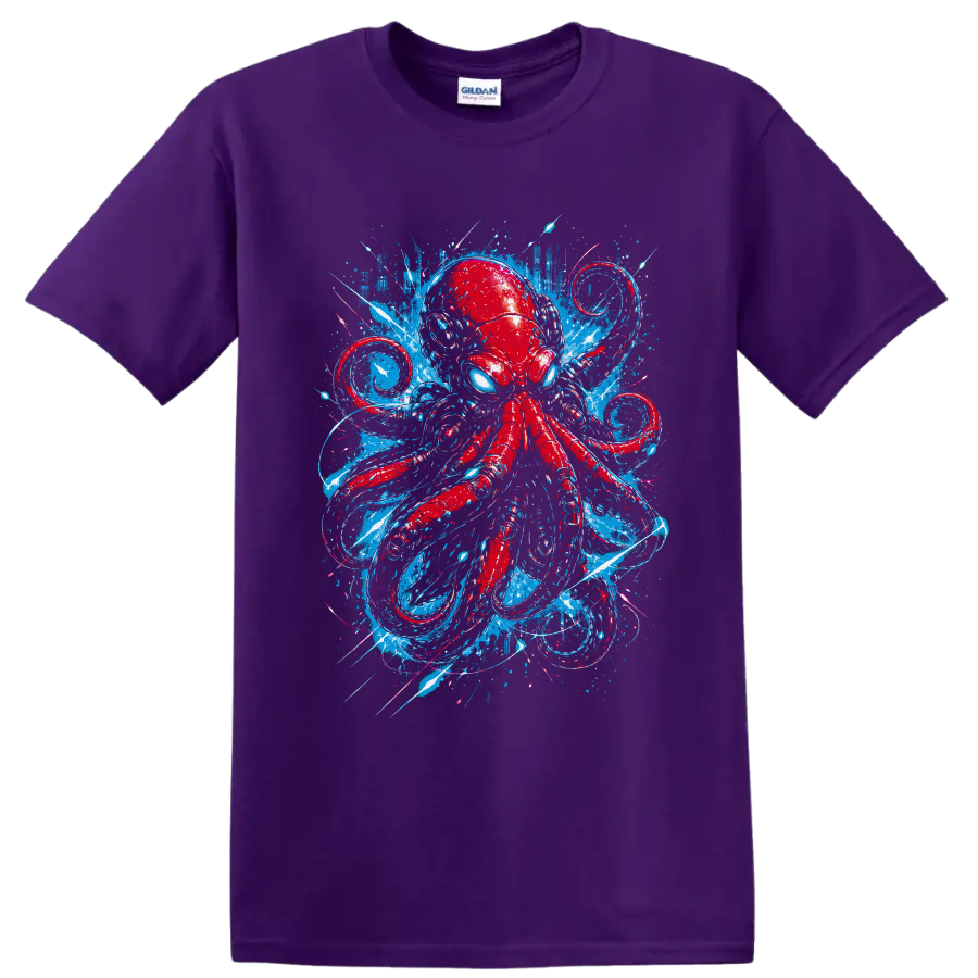 Red octopus with blue eyes in a graffiti-style ocean splash design on a Purple T Shirt