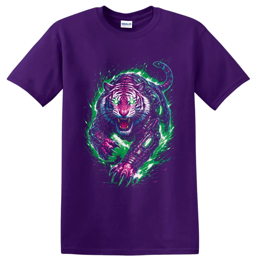 Neon graffiti-style cyberpunk robotic tiger roaring with glowing eyes and extended claws on a Purple T Shirt