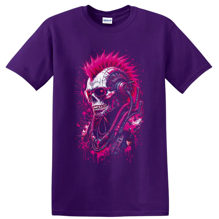 Cyberpunk skull with neon mohawk, sunglasses, futuristic headphones, and cables on a Purple T Shirt