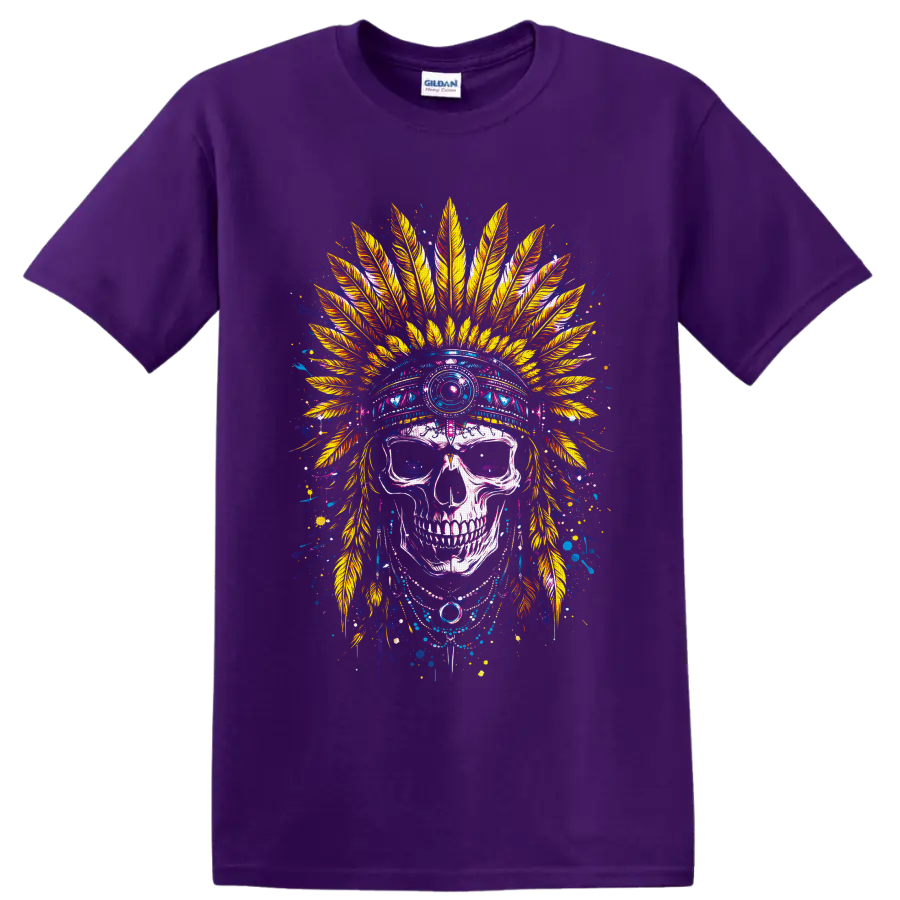 Colorful gothic skull illustration with ornate golden feather headdress and paint on a Purple T Shirt