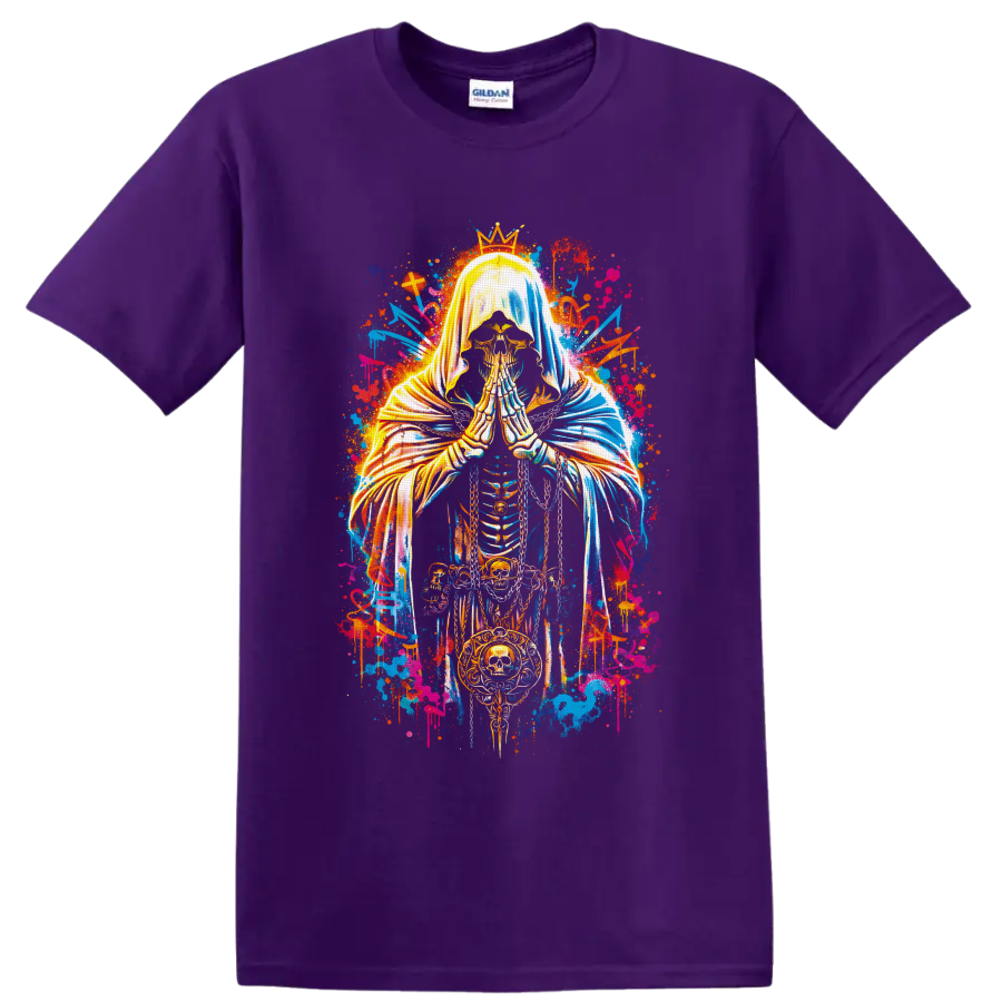 Crowned praying skeleton with skull medallion in neon gothic graffiti art on a Purple T Shirt