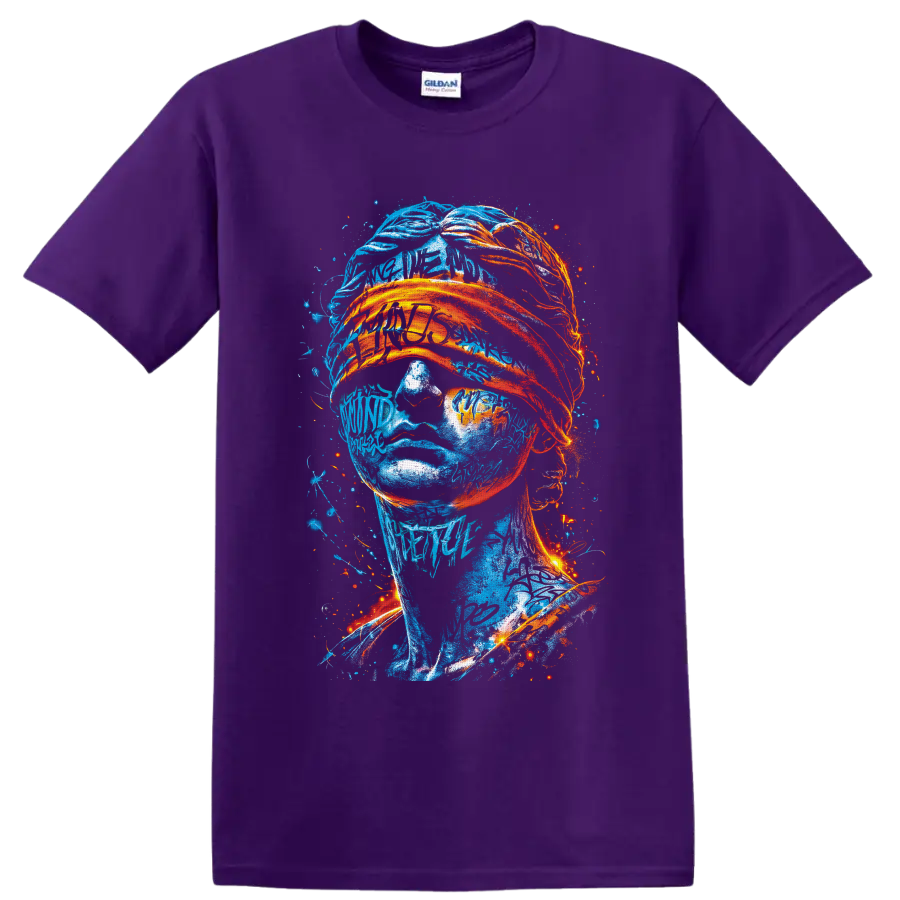Abstract blue portrait with fiery orange wrapped fabric and neon graffiti splatters on a Purple T Shirt
